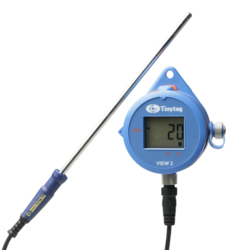 TV-4020 Tinytag View 2 data logger with digital display attached to a thermistor probe
